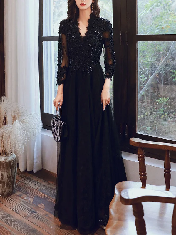 Black V Neck Tulle Lace Beads Long Prom Dress, Black Tulle Evening Dresses Tunics Lace romantic Black V Neck Tulle Lace Beads Long Prom Dress, Black Tulle Evening Dresses Tunics Lace romantic