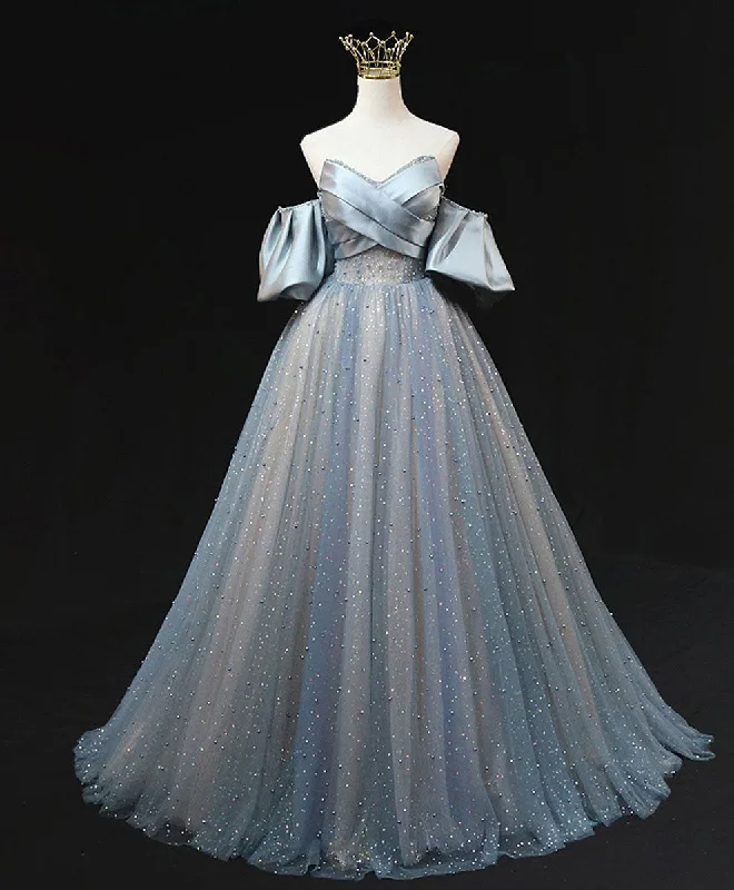 Blue A Line Tulle Long Prom Dress, Blue Tulle Evening Dress with Beading Turtleneck Warm Winter