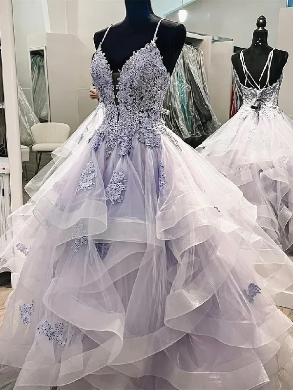 Blue Lace V Neck Puffy Long Prom Dresses, Blue Lace Long Puffy Formal Evening Dresses Tunics Occasion special Blue Lace V Neck Puffy Long Prom Dresses, Blue Lace Long Puffy Formal Evening Dresses Tunics Occasion special