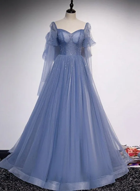 Blue Tulle Beaded Sweetheart Unique Long Prom Dress, Blue Evening Dress Formal Dress Tunics Short Trendy Blue Tulle Beaded Sweetheart Unique Long Prom Dress, Blue Evening Dress Formal Dress Tunics Short Trendy