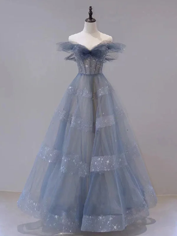 Blue Tulle Off Shoulder Long Prom dress, Blue A line Evening Dress Tunics Corduroy durable