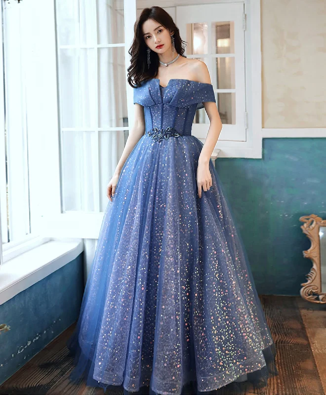 Blue Tulle Off Shoulder Long Prom Dress, Shiny Blue Formal Evening Dress Tunics Travel practical Blue Tulle Off Shoulder Long Prom Dress, Shiny Blue Formal Evening Dress Tunics Travel practical