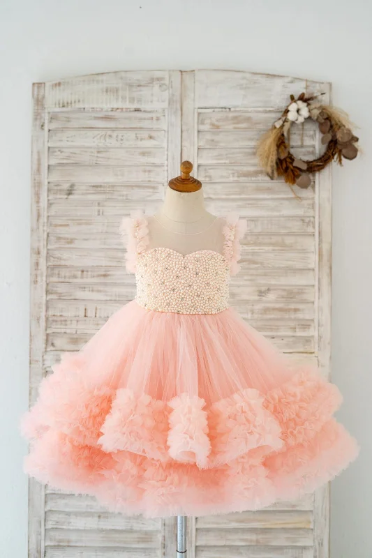 Blush Pink V Back Pearl Beaded Tulle Wedding Flower Girl Dress Kids Party Dress Tunics Trendy modern Blush Pink V Back Pearl Beaded Tulle Wedding Flower Girl Dress Kids Party Dress Tunics Trendy modern