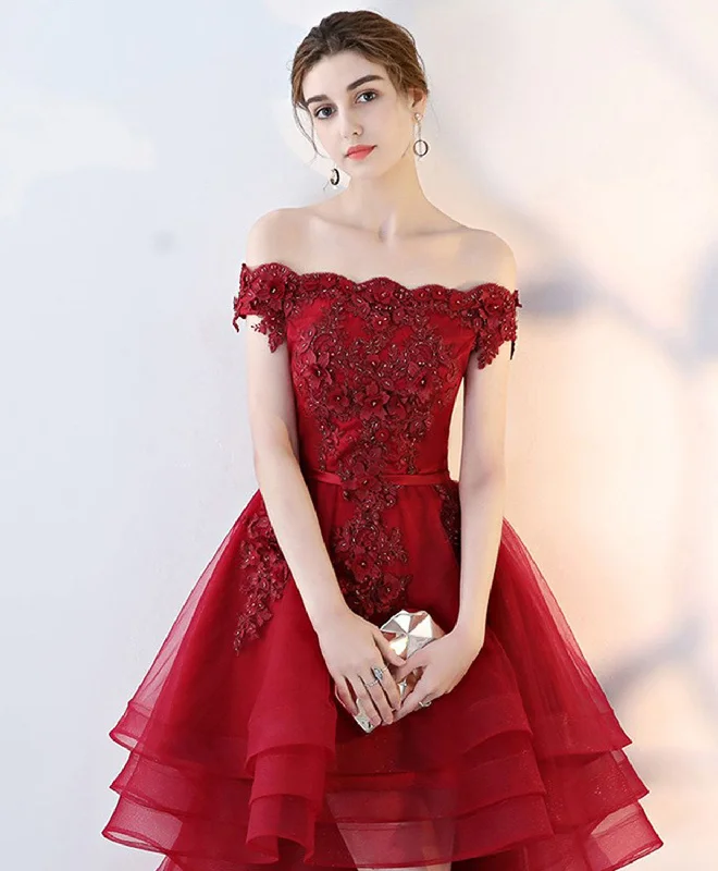 Burgundy High Low Tulle Lace Long Prom Dress, Lace Evening Dress Pencil Length Work