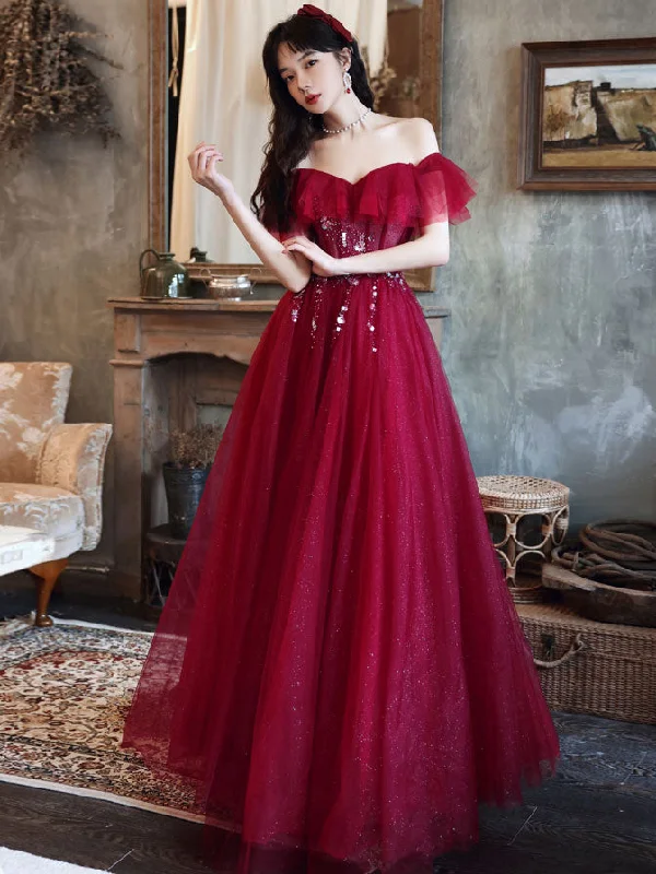 Burgundy Off Shoulder Tulle Sequin Long Prom Dress Burgundy Evening Dress Tunics Chic elegant Burgundy Off Shoulder Tulle Sequin Long Prom Dress Burgundy Evening Dress Tunics Chic elegant