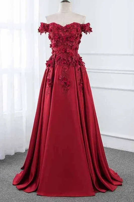 Burgundy Off the Shoulder A Line Satin Prom Dress with Lace Flowers Party Dresses Tunics Denim casual Burgundy Off the Shoulder A Line Satin Prom Dress with Lace Flowers Party Dresses Tunics Denim casual