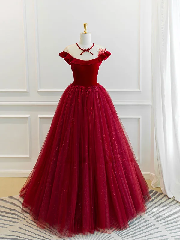 Burgundy Round Neck Tulle Lace Long Prom Dress, Burgundy Evening Dress Tunics Party sparkling Burgundy Round Neck Tulle Lace Long Prom Dress, Burgundy Evening Dress Tunics Party sparkling