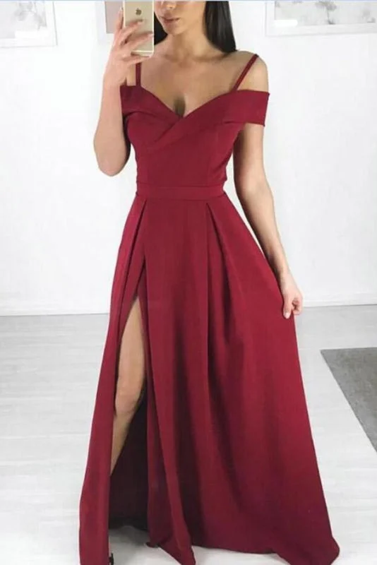 Burgundy Side Slit Simple Cheap Long Party Dresses Off the Shoulder Prom Dress Tunics Floral girly Burgundy Side Slit Simple Cheap Long Party Dresses Off the Shoulder Prom Dress Tunics Floral girly