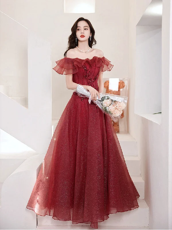 Burgundy Tulle Off Shoulder Long Prom Dress, Burgundy Evening Dress Tunics Gym athletic