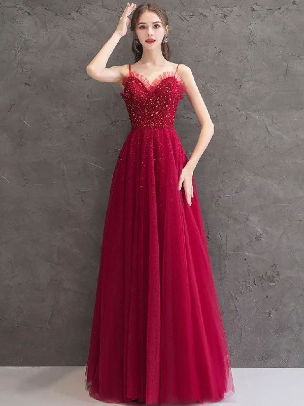 Burgundy Tulle Sequin Long Prom Dress, Burgundy Evening Dress Tunics Versatile functional Burgundy Tulle Sequin Long Prom Dress, Burgundy Evening Dress Tunics Versatile functional
