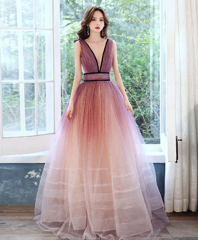 Burgundy V Neck Gradient Shiny Long Prom Dress, Burgundy Evening Dress Tunics Ceremony elegant Burgundy V Neck Gradient Shiny Long Prom Dress, Burgundy Evening Dress Tunics Ceremony elegant