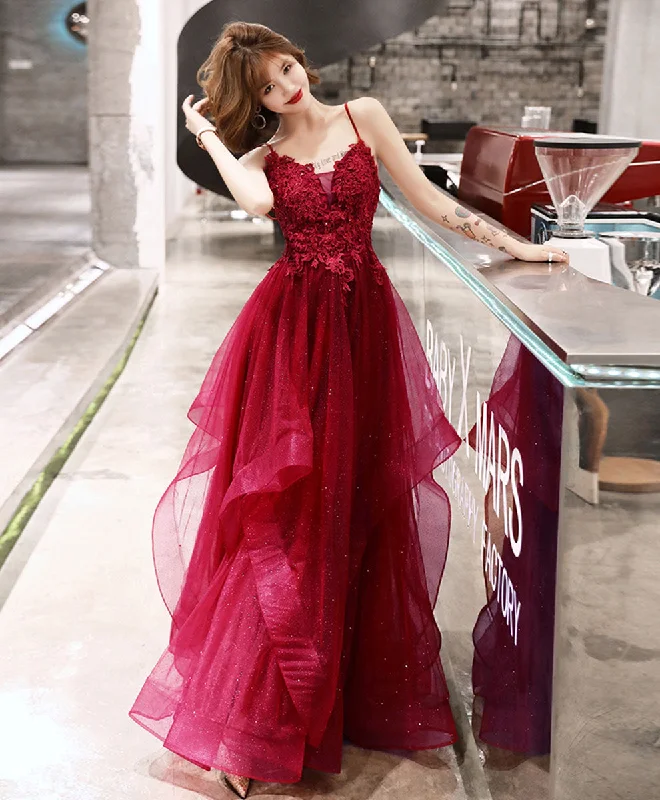 Burgundy V Neck Tulle Lace Long Prom Dress Burgundy Evening Dress Tunics Occasion special Burgundy V Neck Tulle Lace Long Prom Dress Burgundy Evening Dress Tunics Occasion special