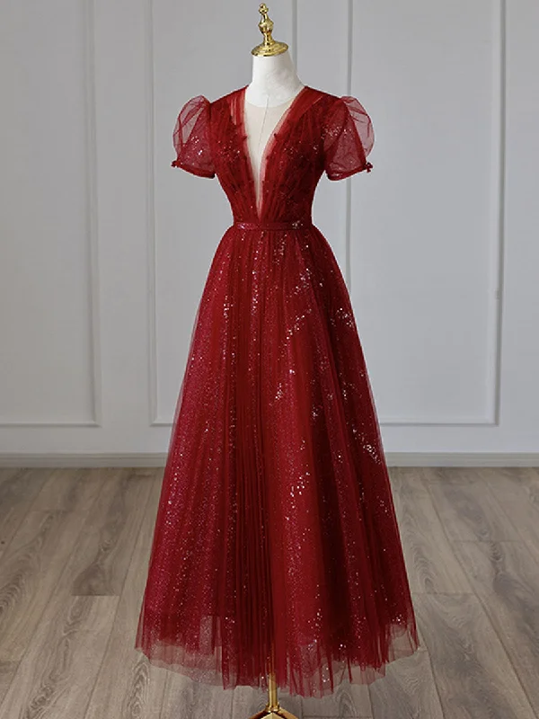 V Neck Tulle Sequin Tea Length Burgundy Prom Dress, Burgundy Evening Dress Sequined Elegant Party V Neck Tulle Sequin Tea Length Burgundy Prom Dress, Burgundy Evening Dress Sequined Elegant Party