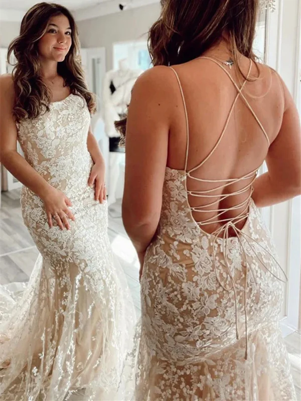 Champagne Backless Mermaid Lace Long Prom Dresses, Mermaid Champagne Lace Long Evening Dresses Turtleneck Neckline Stylish Champagne Backless Mermaid Lace Long Prom Dresses, Mermaid Champagne Lace Long Evening Dresses Turtleneck Neckline Stylish