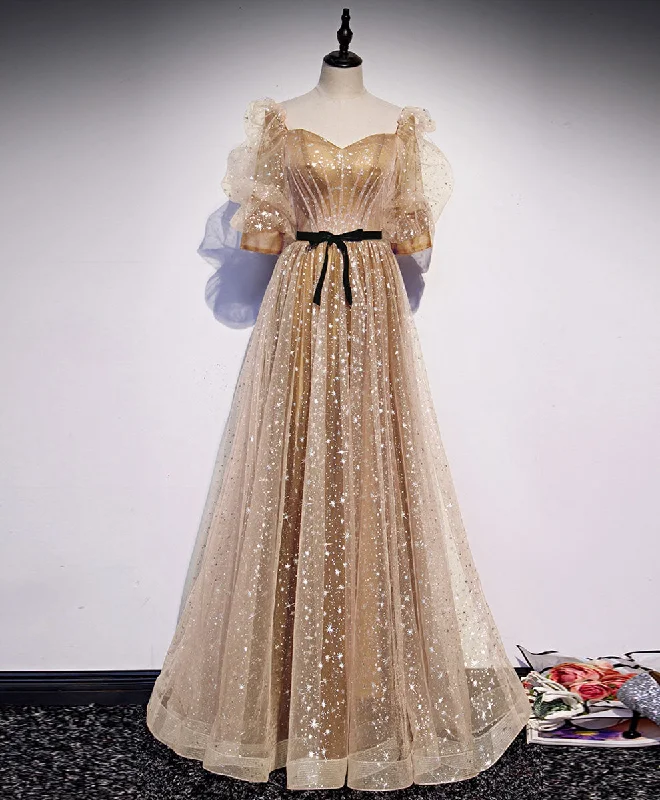 Gold Tulle Long Prom Dress, A line Gold Formal Graduation Party Dress Tunics Plaid country Gold Tulle Long Prom Dress, A line Gold Formal Graduation Party Dress Tunics Plaid country