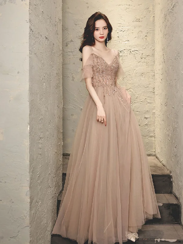 Champagne V Neck Tulle Beads Long Prom Dress, Champagne Evening Dress Tunics Exclusive limited Champagne V Neck Tulle Beads Long Prom Dress, Champagne Evening Dress Tunics Exclusive limited
