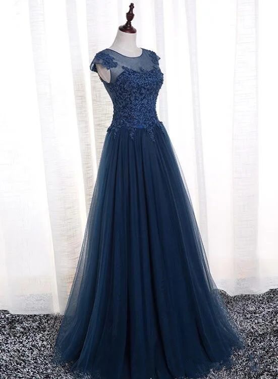 Charming Navy Blue Tulle Round Neckline Party Dress, Blue Evening Gown Crew Neckline Sporty Charming Navy Blue Tulle Round Neckline Party Dress, Blue Evening Gown Crew Neckline Sporty