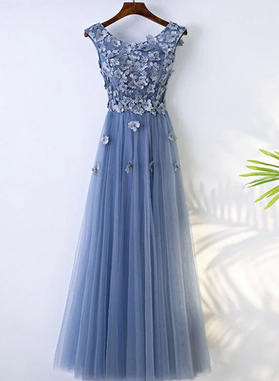 Chic Blue Tulle Scoop Neckline Full-length Bridesmaid Dress, Blue Lace Applique Party Dress Tunics Print Colorful Chic Blue Tulle Scoop Neckline Full-length Bridesmaid Dress, Blue Lace Applique Party Dress Tunics Print Colorful