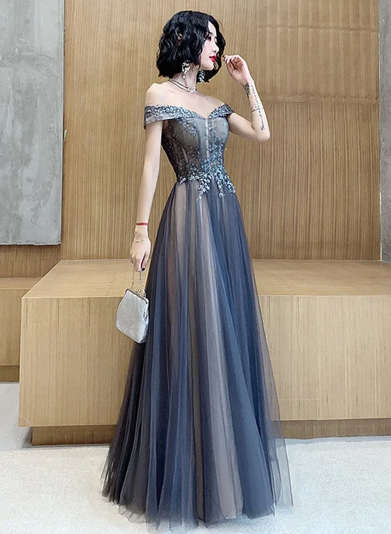 Dark Grey Tulle with Lace Applique Sweetheart Long Prom Dress, A-line Off Shoulder Party Dress Tunics Plaid country Dark Grey Tulle with Lace Applique Sweetheart Long Prom Dress, A-line Off Shoulder Party Dress Tunics Plaid country