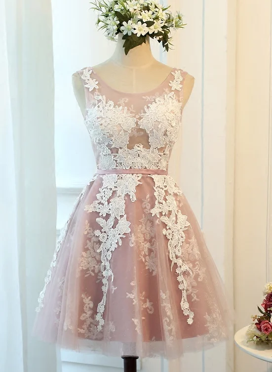 Dark Pink Tulle Round Neckline Short Party Dress with Applique, Lovely Homecoming Dress Turtleneck Warm Winter Dark Pink Tulle Round Neckline Short Party Dress with Applique, Lovely Homecoming Dress Turtleneck Warm Winter