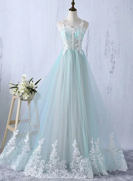 Elegant Mint Tulle A-line Straps Floor-length Appliques Long Simple Prom Dress, Wedding Party Dress Tunics Cozy soft Elegant Mint Tulle A-line Straps Floor-length Appliques Long Simple Prom Dress, Wedding Party Dress Tunics Cozy soft