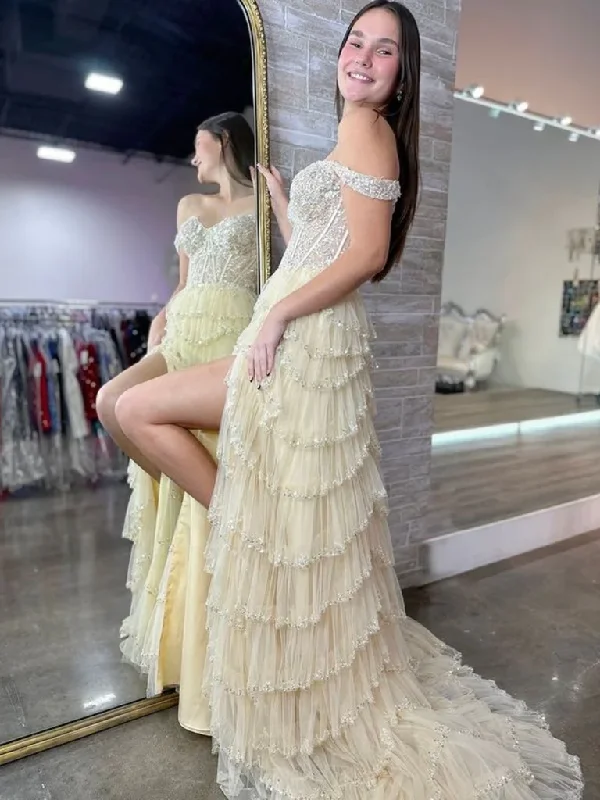 Elegant Off Shoulder Champagne Lace Long Prom Dresses with High Split, Champagne Lace Formal Evening Dresses Tunics Summer linen Elegant Off Shoulder Champagne Lace Long Prom Dresses with High Split, Champagne Lace Formal Evening Dresses Tunics Summer linen