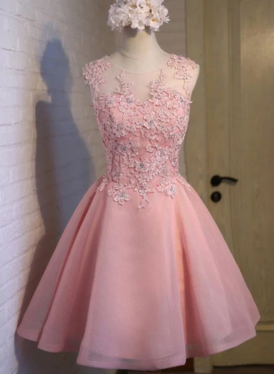 Elegant Pink Tulle Round Neckline Applique Party Dress, Charming Formal Dress Boat Neckline Classic Elegant Pink Tulle Round Neckline Applique Party Dress, Charming Formal Dress Boat Neckline Classic