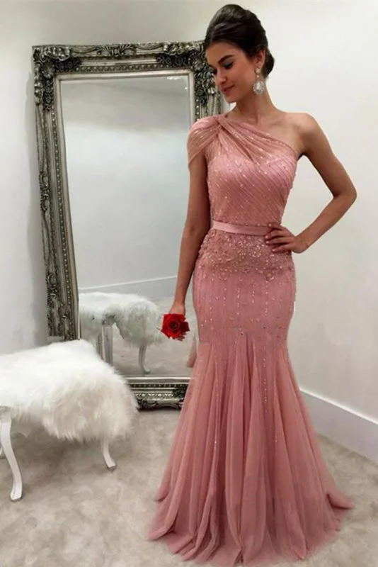 Exquisite Attractive Latest Unique Mermaid One Shoulder Tulle With Beads and Sash Prom Dresses Evening Dress Tunics Print Colorful Exquisite Attractive Latest Unique Mermaid One Shoulder Tulle With Beads and Sash Prom Dresses Evening Dress Tunics Print Colorful