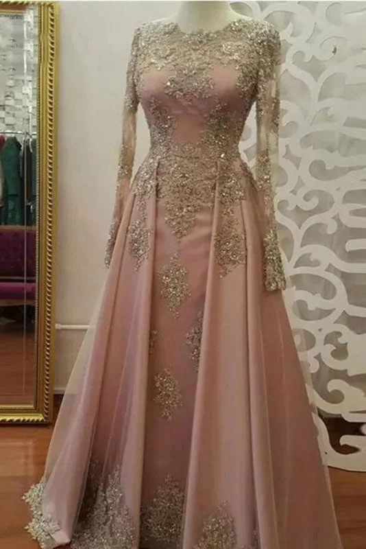 Eye-catching Chic Sleek Floor Length Long Sleeves Prom Dress with Gold Appliques Beaded Evening Dresses Turtleneck Neckline Stylish Eye-catching Chic Sleek Floor Length Long Sleeves Prom Dress with Gold Appliques Beaded Evening Dresses Turtleneck Neckline Stylish