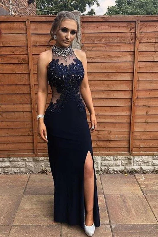 Floor Length Sheath High Neck Evening Dress with Side Slit Appliques Prom Gown Tunics Canvas sturdy Floor Length Sheath High Neck Evening Dress with Side Slit Appliques Prom Gown Tunics Canvas sturdy
