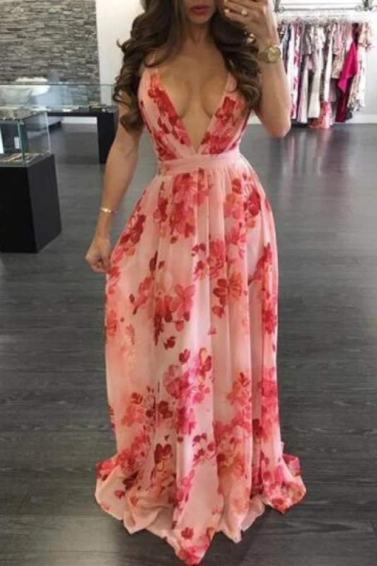 Floral Print Pleated Backless Slip Prom Sexy V Neck Party Dress Shift Classic Vintage Floral Print Pleated Backless Slip Prom Sexy V Neck Party Dress Shift Classic Vintage