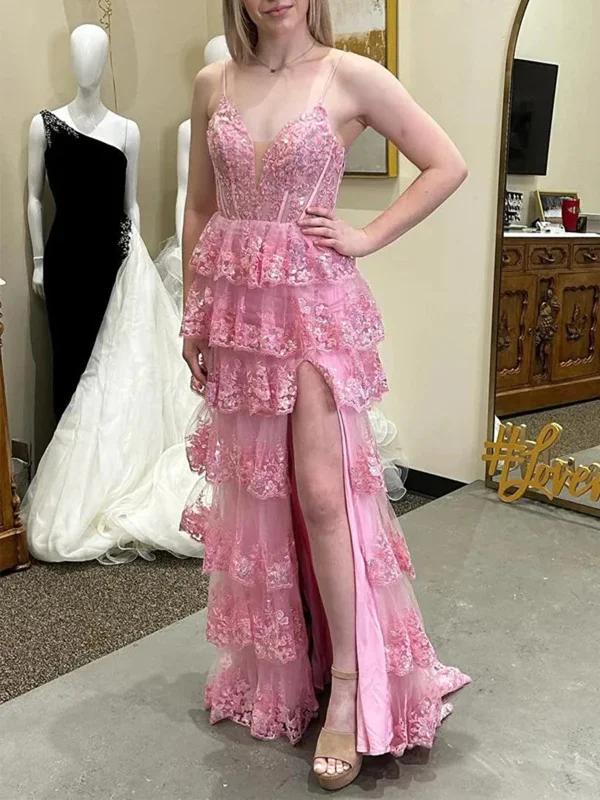 Glitter V Neck Pink Lace Appliques Long Dresses with Leg Slit, Pink Lace Ruffle Tiered Long Formal Evening Dresses Pleated Skirt Elegant Glitter V Neck Pink Lace Appliques Long Dresses with Leg Slit, Pink Lace Ruffle Tiered Long Formal Evening Dresses Pleated Skirt Elegant