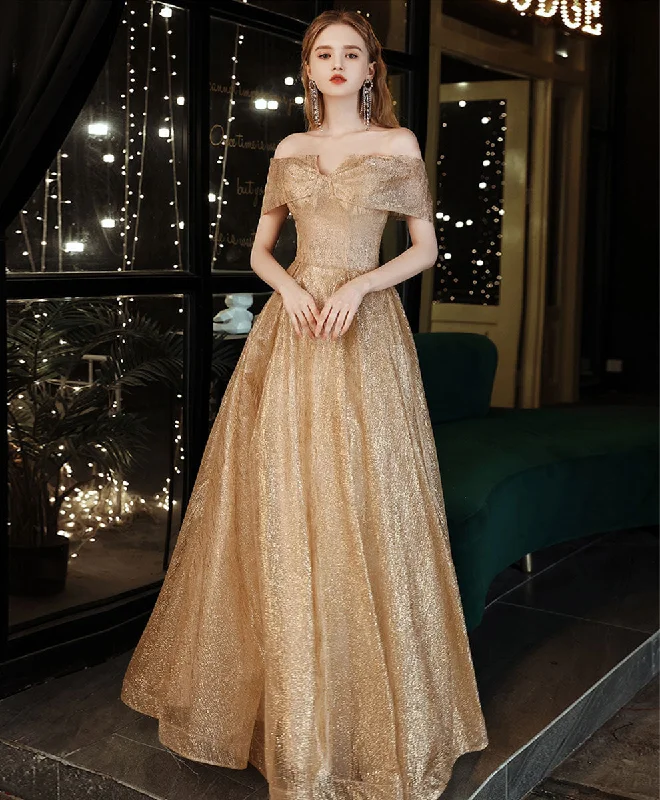 Gold Tulle Sequin Off Shoulder Long Prom Dress, Gold Formal Evening Dresses Tunics Velvet soft Gold Tulle Sequin Off Shoulder Long Prom Dress, Gold Formal Evening Dresses Tunics Velvet soft