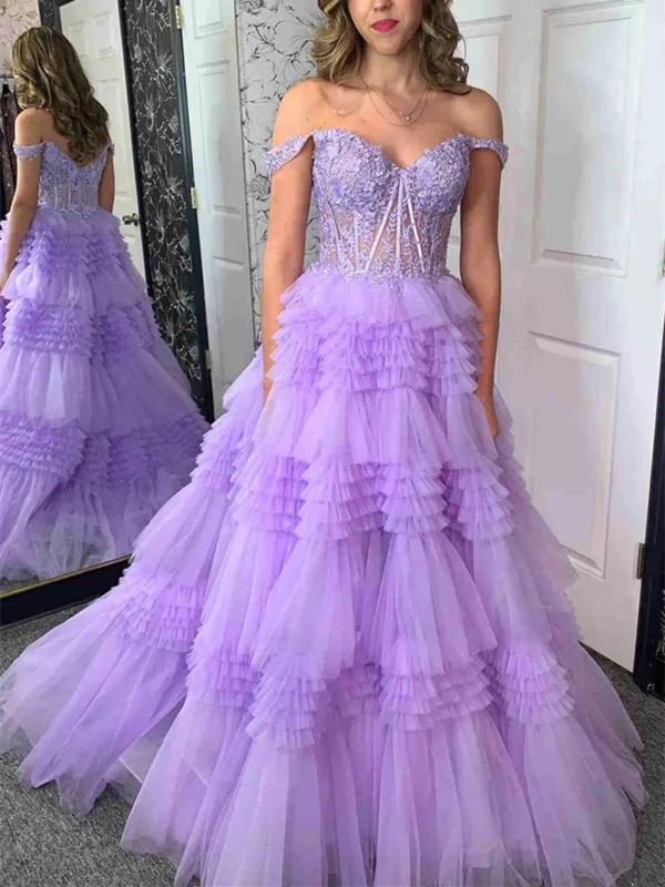 Gorgeous Off Shoulder Purple Lace Long Prom Dresses, Off the Shoulder Lilac Formal Evening Dresses Tunics Stylish modern Gorgeous Off Shoulder Purple Lace Long Prom Dresses, Off the Shoulder Lilac Formal Evening Dresses Tunics Stylish modern