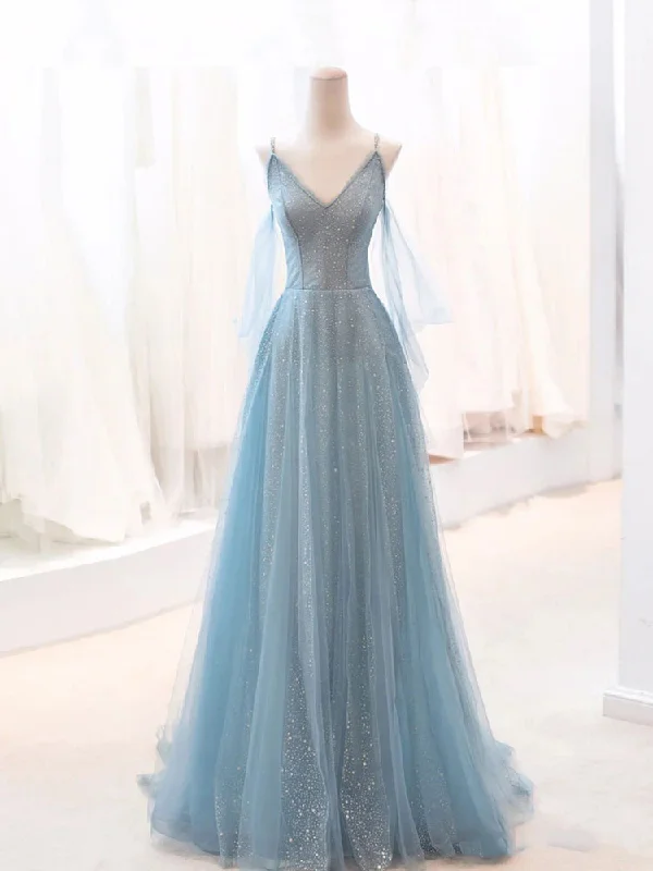 Gray Blue V Neck Tulle Sequin Long Prom Dress, Blue Evening Dress Tunics Summer linen Gray Blue V Neck Tulle Sequin Long Prom Dress, Blue Evening Dress Tunics Summer linen