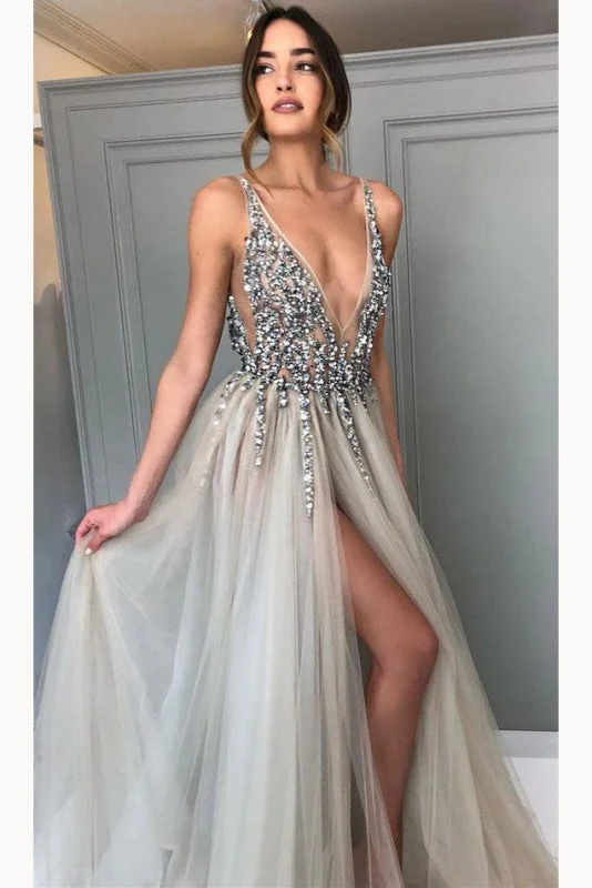 Gray Sequined Deep V Neck Prom with Left Slit A Line Tulle Evening Dress Tunics Designer luxury Gray Sequined Deep V Neck Prom with Left Slit A Line Tulle Evening Dress Tunics Designer luxury