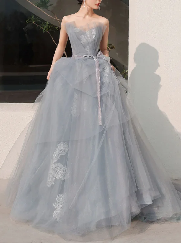 Gray Tulle Lace Long Prom Dress, Tulle Lace Evening Dress Tunics Running lightweight