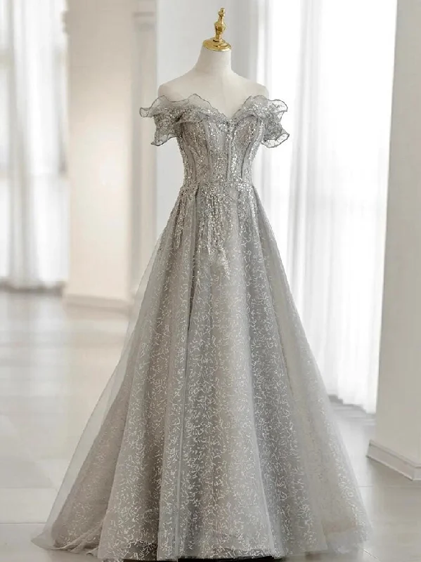 Gray Tulle Sequin Lace Off Shoulder Long Prom Dress, Gray Evening Dress Tunics Chic fashionable Gray Tulle Sequin Lace Off Shoulder Long Prom Dress, Gray Evening Dress Tunics Chic fashionable