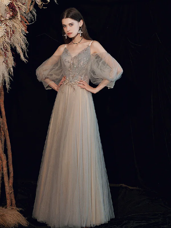 Gray V Neck Tulle Lace Long Prom Dress, A line Evening Dress Tunics Top Casual