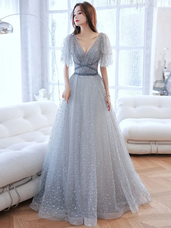 Gray V Neck Tulle Long Prom Dress, Gray A line Evening Dress Tunics Canvas sturdy