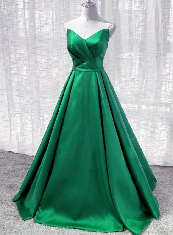 Green Satin A-line Floor Length Long Evening Dress Party Dress, Green Long Prom Dress Tunics Winter warm