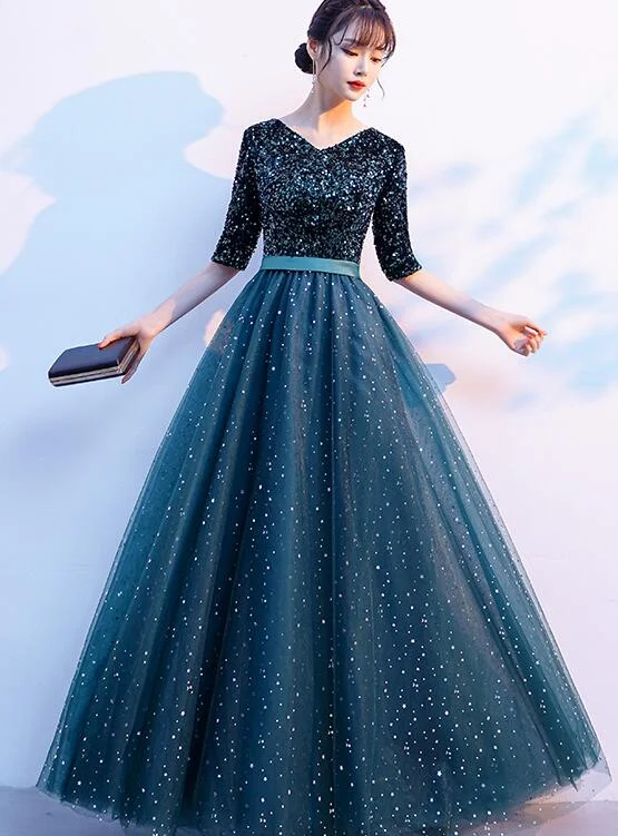 Green Sequins And Tulle Short Sleeves Long Bridesmaid Dress, Green A-Line Wedding Party Dress A line prom dress cg20332 Tunics Sophisticated sleek Green Sequins And Tulle Short Sleeves Long Bridesmaid Dress, Green A-Line Wedding Party Dress A line prom dress cg20332 Tunics Sophisticated sleek