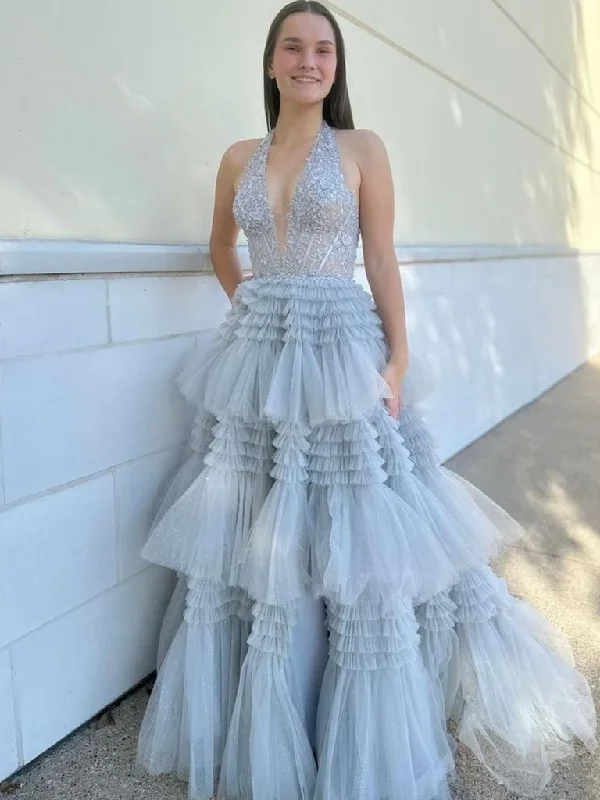 Halter V Neck Open Back Layered Gray Lace Long Prom Dresses, Gray Backless Lace Formal Evening Dresses Mermaid Tail Wedding Halter V Neck Open Back Layered Gray Lace Long Prom Dresses, Gray Backless Lace Formal Evening Dresses Mermaid Tail Wedding
