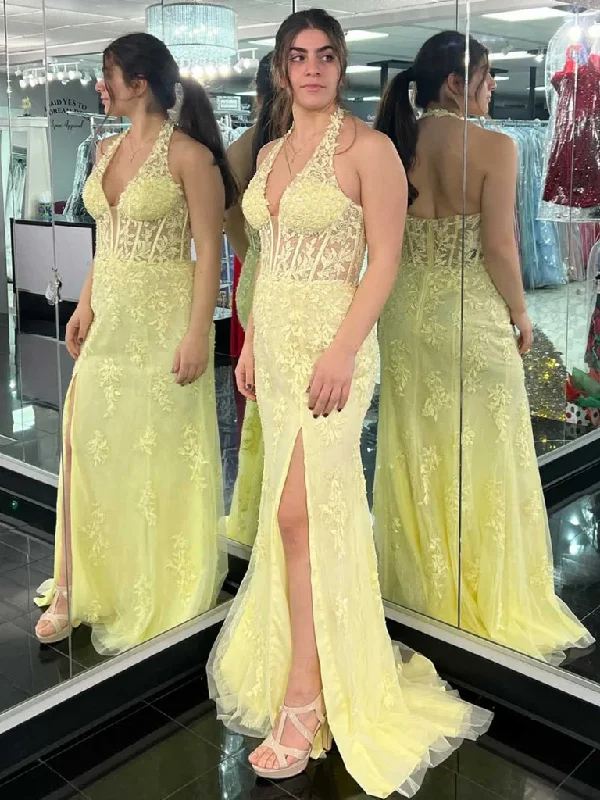 Halter V Neck Open Back Mermaid Yellow Lace Long Prom Dresses with High Slit, Mermaid Yellow Lace Formal Evening Dresses Tunics Running lightweight Halter V Neck Open Back Mermaid Yellow Lace Long Prom Dresses with High Slit, Mermaid Yellow Lace Formal Evening Dresses Tunics Running lightweight
