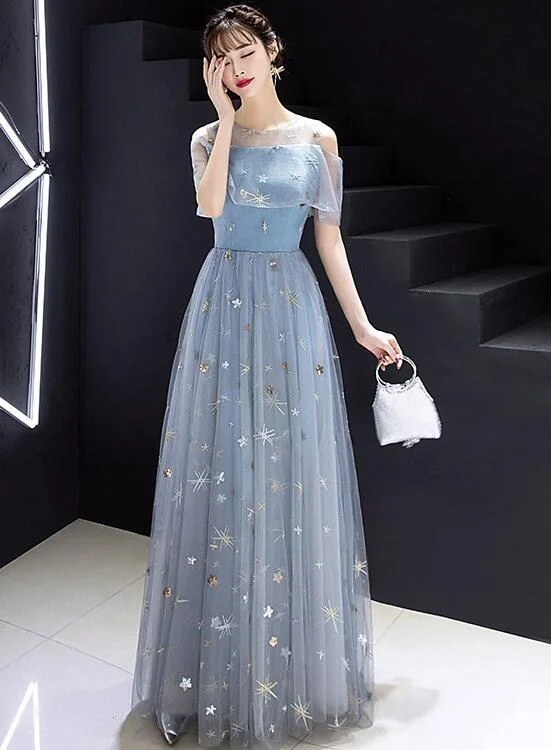 Light Blue Off Shoulder Long Party Dresses , Blue Formal Gowns Tunics Winter warm