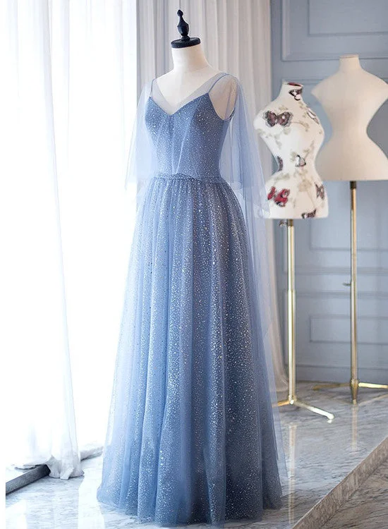 Light Blue Tulle Long Straps Elegant Party Gowns, Blue Floor Length Evening Dress empire Waist empire Light Blue Tulle Long Straps Elegant Party Gowns, Blue Floor Length Evening Dress empire Waist empire