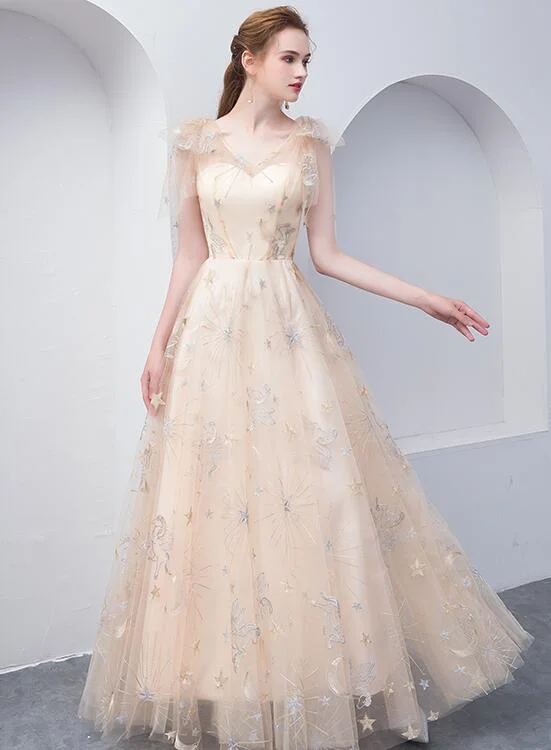 Light Champagne Lovely A-line Floor Length Party Dress, Cute Tulle Bridesmaid Dress Tunics Lace romantic Light Champagne Lovely A-line Floor Length Party Dress, Cute Tulle Bridesmaid Dress Tunics Lace romantic