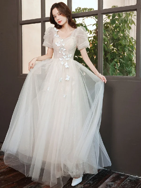Light Champagne Tulle Lace Long Prom Dress, Champagne Evening Dress Peplum Ruffle Cocktail Light Champagne Tulle Lace Long Prom Dress, Champagne Evening Dress Peplum Ruffle Cocktail