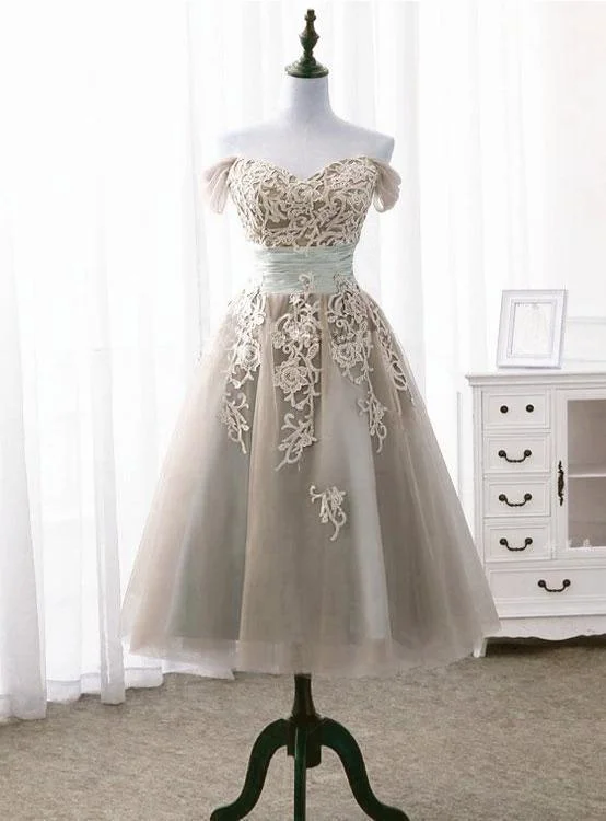 Light Champagne Vintage Style Tea Length Off Shoulder Party Dress, Bridesmaid Dress Homecoming Dress cg13899 Tunics Short Trendy Light Champagne Vintage Style Tea Length Off Shoulder Party Dress, Bridesmaid Dress Homecoming Dress cg13899 Tunics Short Trendy