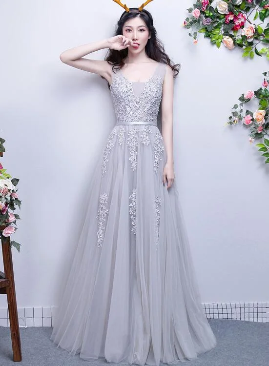 Light Grey Lace Appique Long V-Neckline Party Dress, A-Line Tulle Prom Dress Bridesmaid Dress cg13926 Tunics Top Casual Light Grey Lace Appique Long V-Neckline Party Dress, A-Line Tulle Prom Dress Bridesmaid Dress cg13926 Tunics Top Casual